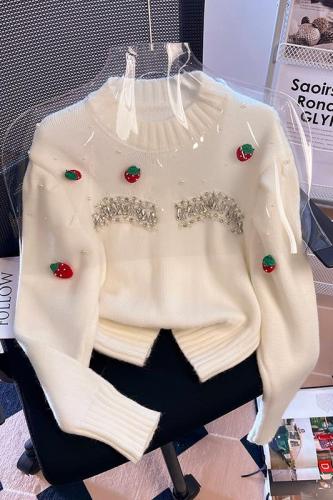 Real shot South Korea Dongdaemun handmade bead hot diamond strawberry sweater women