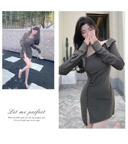 Windy sexy lapel asymmetrical shirt dress with elastic bag buttocks showing thin slit clavicle skirt