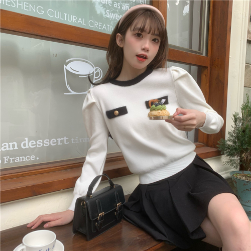 Real price real shot Korean version design sense round neck small fragrant wind puff sleeves all-match gentle French knitted long-sleeved top