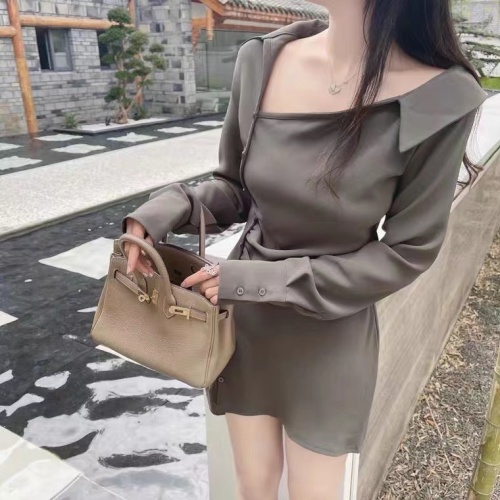 Windy sexy lapel asymmetrical shirt dress with elastic bag buttocks showing thin slit clavicle skirt
