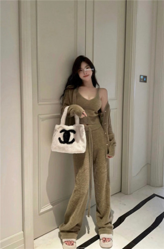 Real price~Pure desire sexy lazy imitation mink fur soft waxy thick coat vest wide-leg pants knitted three-piece suit