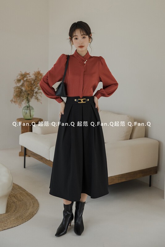 [Qi Fan] Elegant high waist thick twill skirt 80501-1# JHY