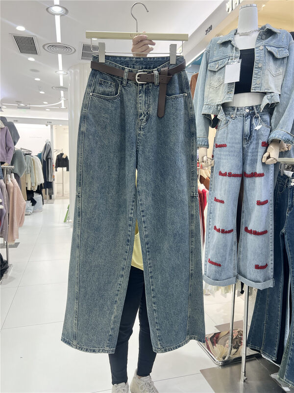【U.SHE】Vintage high waist straight wide leg jeans (with belt) 32556# JJ