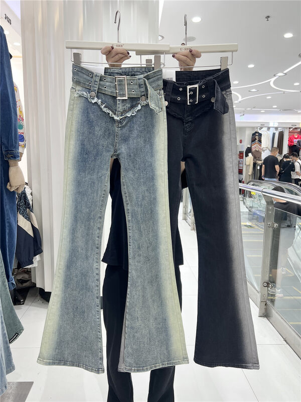 【U.SHE】High-waisted color-blocked micro-flared jeans (with belt) U39306# JJ