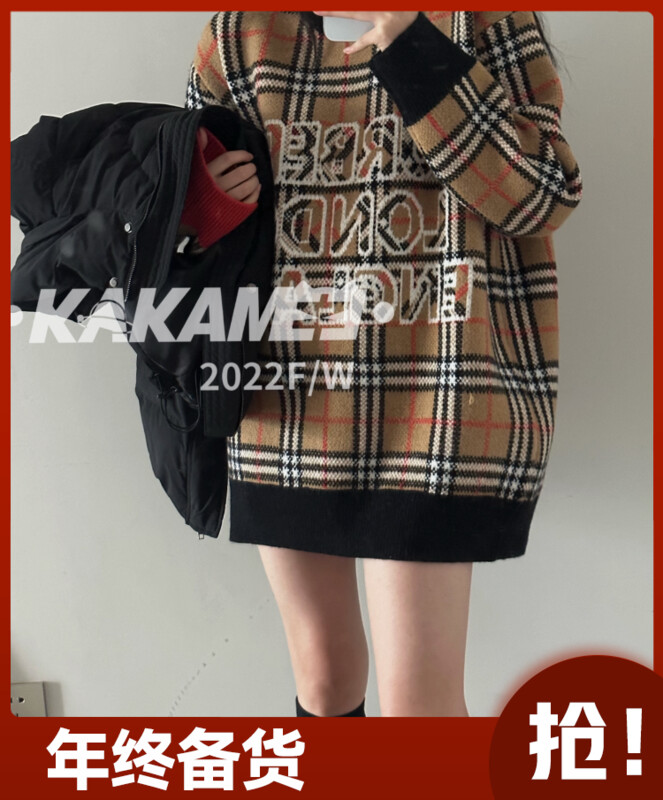 [KAKAMEE] 2022 New Classic Plaid Jacquard Letters Thick Double Knit Sweater Loose Casual Versatile 1989