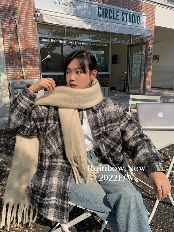 【RAINBOW】Korean plaid and cotton lining shirt short jacket (trendy mid-length) 09179# FHX