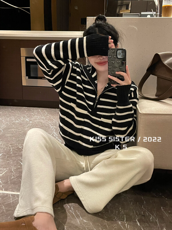 【KISS SISTER】Korean version slim half zipper lapel design warm sweater 22M8561# CQW