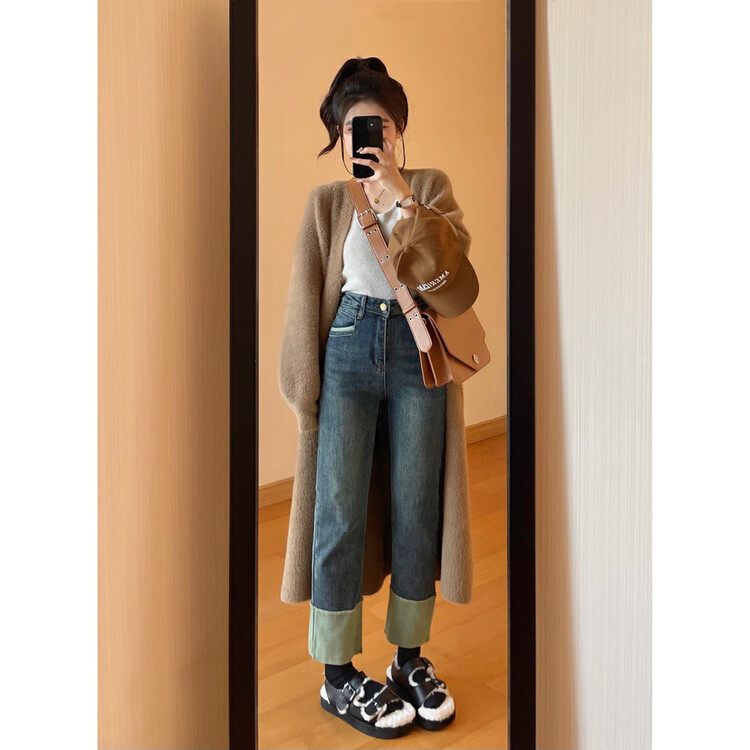【X·H STUDIO】velvet and color matching slim straight jeans 0521# OZQ
