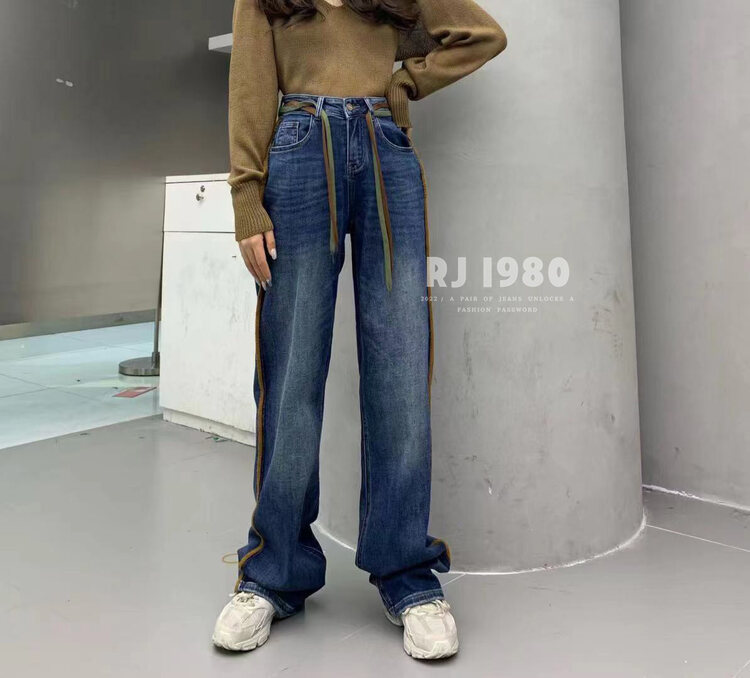 【1980】Winter new style plus velvet personalized jeans straight-leg pants 63600