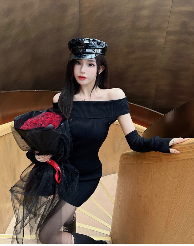 【X·H STUDIO】Sexy slim off-the-shoulder dress (with sleeves) 8463# OZQ
