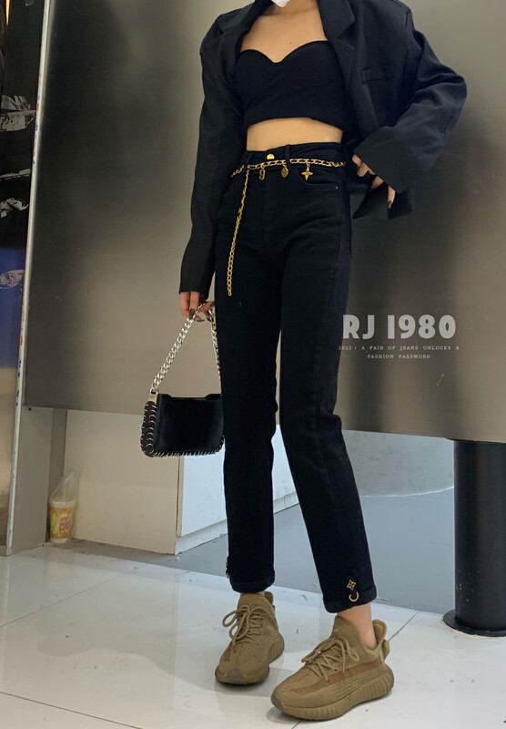 【1980】Winter new style flocking carbon black slim-fit pipe jeans (with chain) 2W91672