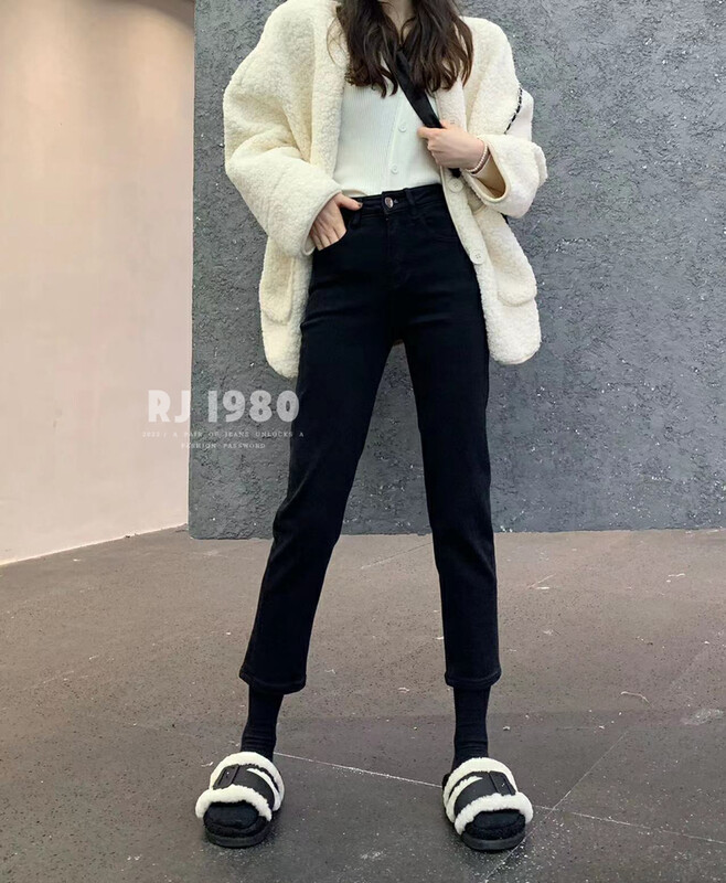 【1980】Winter hot style gray-bottom thick velvet stretch slim straight jeans 65562