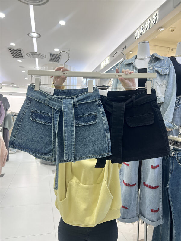 【U.SHE】High waisted slim denim shorts (with belt) 39173# JJ
