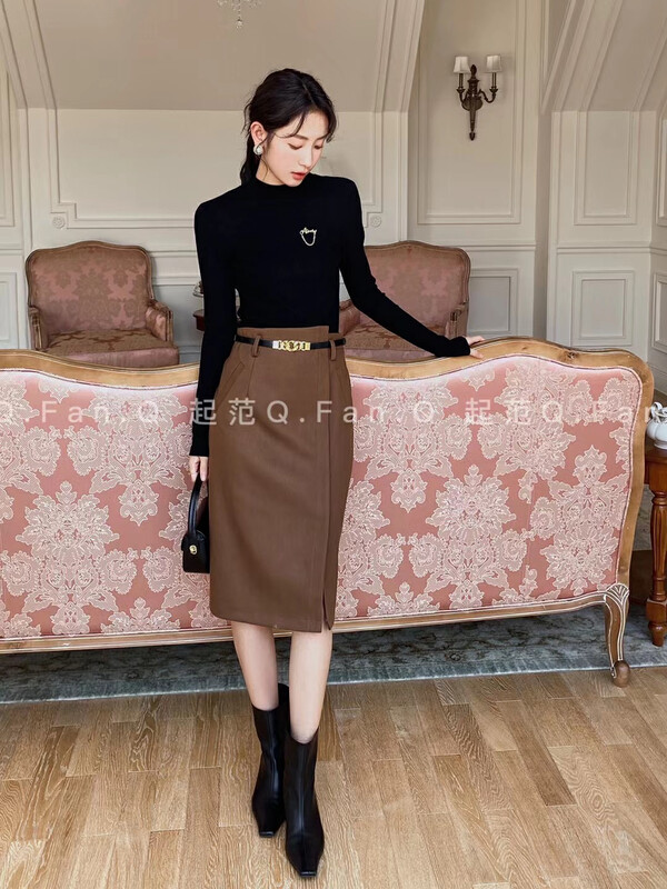 [Qifan] Thick woolen material high waist double layer a-line skirt (with belt) 8133# JHY