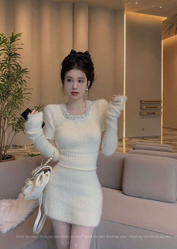 【X·H STUDIO】Sweet and spicy temperament nail drill sweater + A-line skirt suit (with detachable sleeves) 8665# OZQ