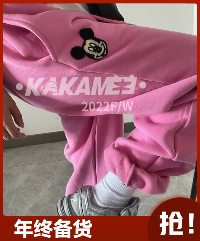 [KAKAMEE] 2022 new cartoon Mickey head embroidered plus velvet padded casual pants loose casual all-match slimming S835