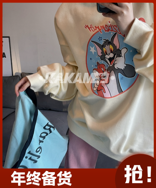Original price 88.99! 【KAKAMEE】2022 New Korean Cartoon Cat and Mouse Round Neck Plus Fleece Sweater Loose Casual Versatile S888