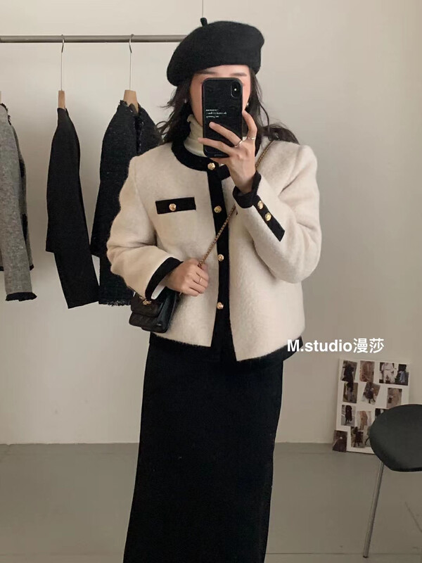 【MSTUDIO Mansha】Small Xiangfeng high-end short coat with color contrast (including 90% white duck down) C1178# HBX