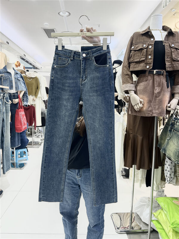 【U.SHE】Korean version high waist slim fit fleece jeans 98222# JJ
