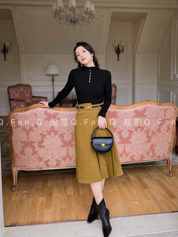 【Qi Fan】Thickened suit material features pleated western style all-match commuter skirt (with belt) 8126# JHY