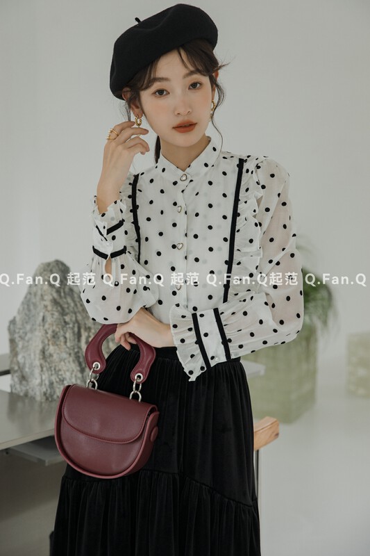 [Qifan] New French Polka Dot Tencel Polka Dot Shirt 80321-1# JHY