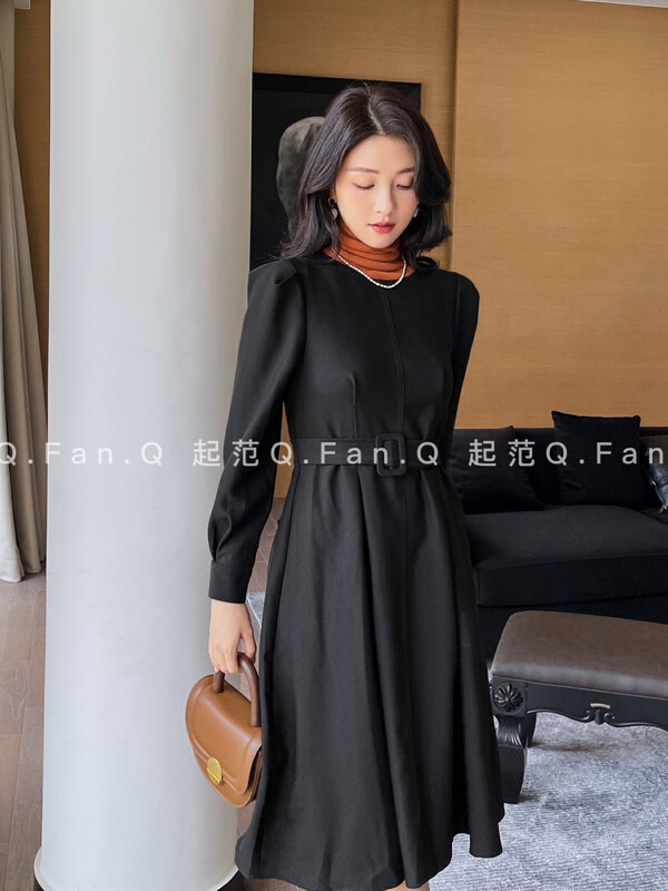 Original price 143.12! 【Qi Fan】Winter thick twill commuting simple and slim dress (with detachable belt) 80516-1# JHY