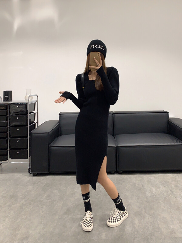 【VANESSA】square collar solid color mid-length dress 8906# OZQ