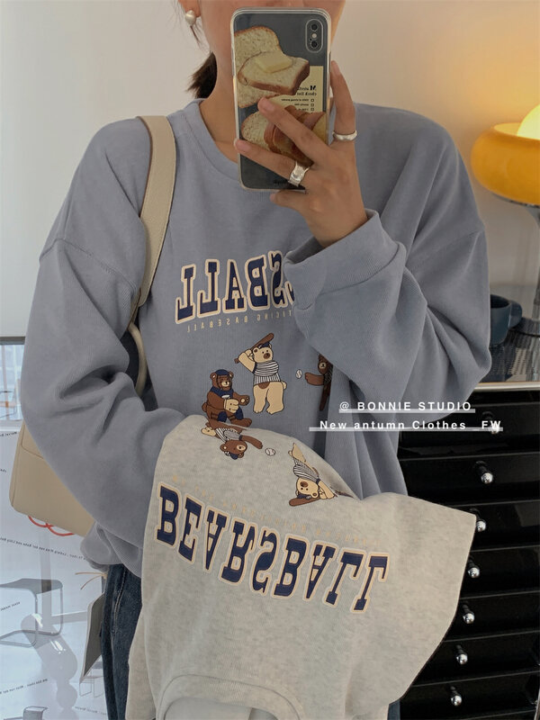 【BONNIE】Cartoon Letter Printed Round Neck Sweater 2692# XJ