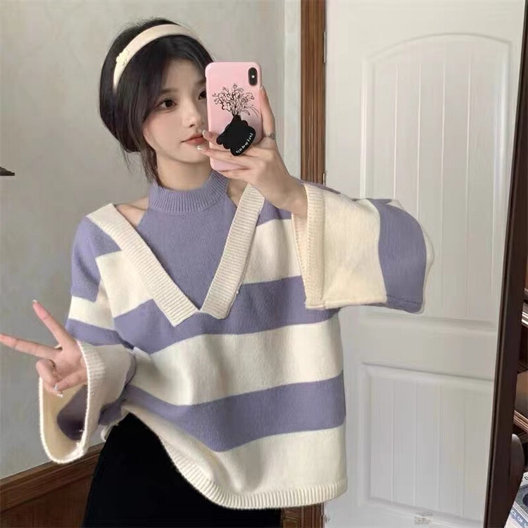 【Huaxi】Korean striped off-the-shoulder thin fake two-piece warm sweater 1033# PCZ