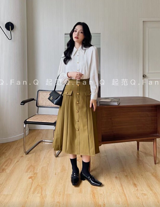【Qi Fan】Single-breasted high-waist all-match skirt 8732-1# JHY