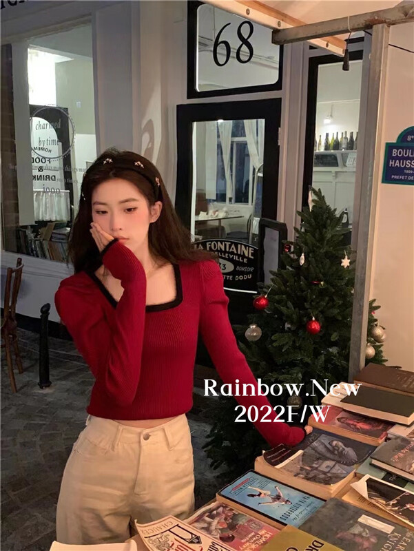 【RAINBOW】Pure Desire Spice Girl Style Square Collar Bottom Shirt Sweater Explosive Style Slim K5086
