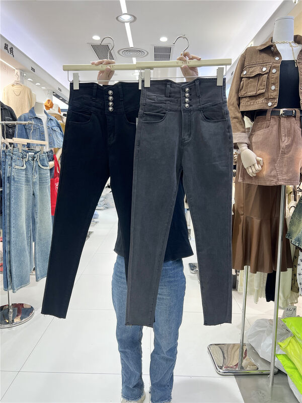 【U.SHE】High Waist Slim Fleece Jeans 98219# JJ