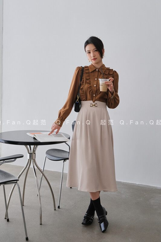 Original price 92.99! [Qifan] Korean version of solid color all-match high-waist skirt (with non-removable waist accessories) F8711# JHY