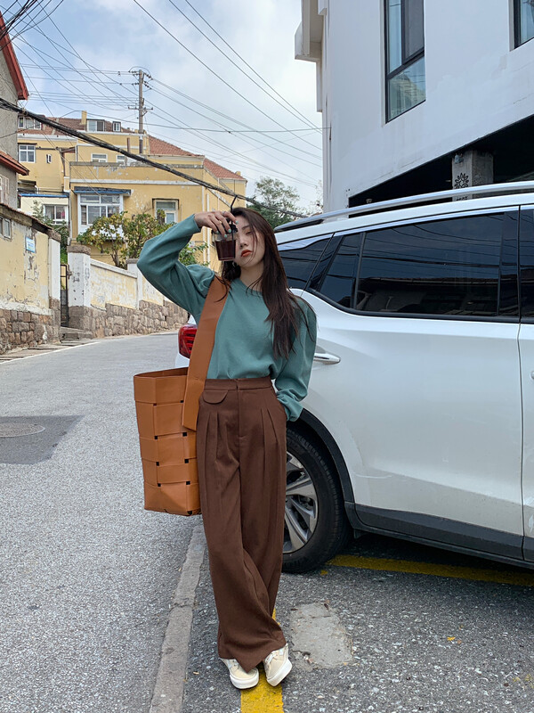 Original price 100.39! [ONIVINTAGE] solid color decorative bag wide-leg casual pants OL218P3787