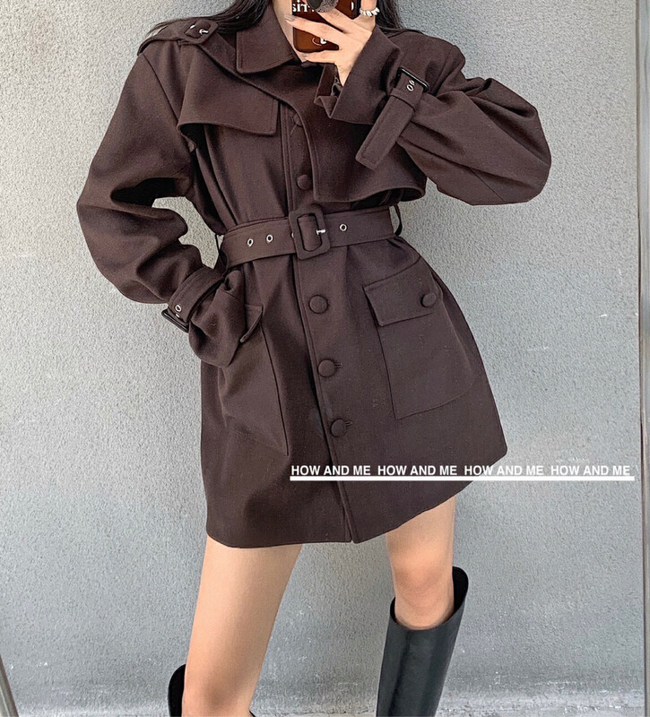 【HOW AND ME Cheng Xi】Korean style fashion matching mid-length woolen windbreaker jacket windbreaker (with belt, cuff) 6161-