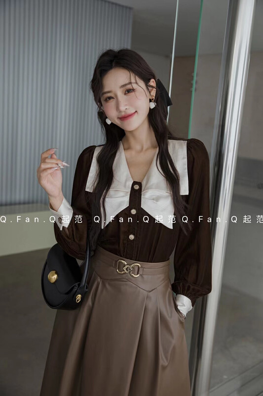 【Qi Fan】French style high-quality contrast suede shirt 80320# JHY
