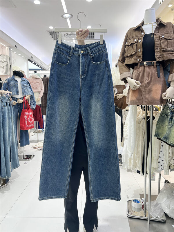 【U.SHE】High waist straight wide leg fleece jeans YS1-98226# JJ