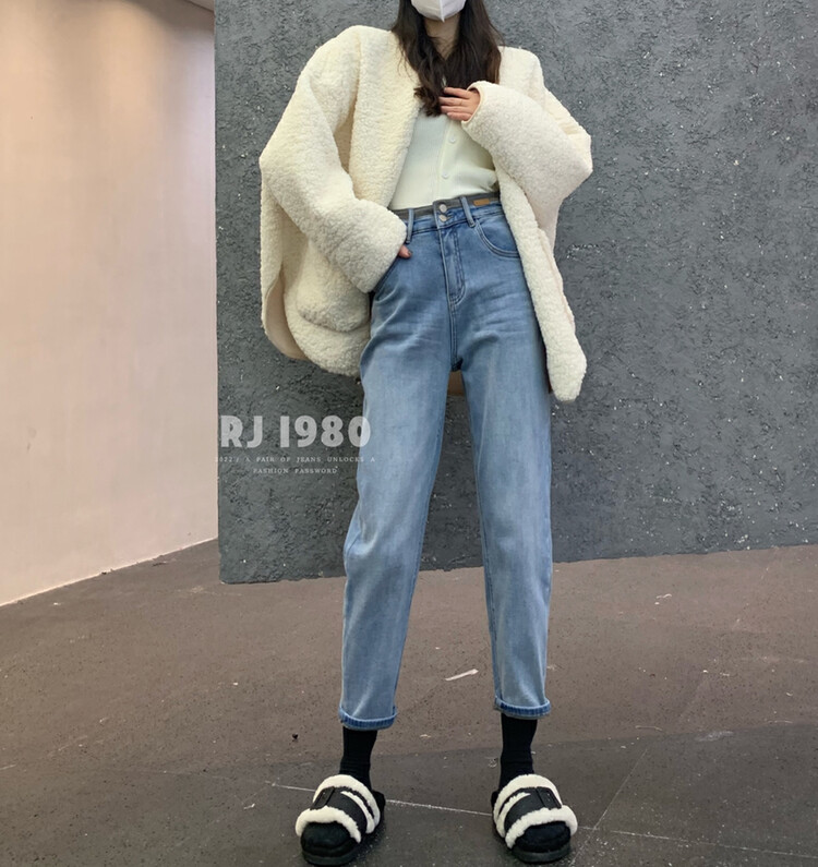 【1980】Winter new gray bottom fleece warm and comfortable all-match small Harem jeans 2W91680