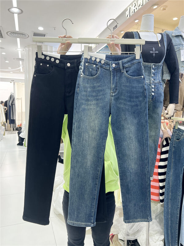 【U.SHE】High waist and small feet look thin plus fleece jeans U26270# JJ