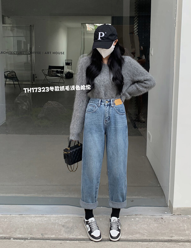 【LIN】Korean style foreign style fleece semi-elastic waist jeans 17323-1# LSW
