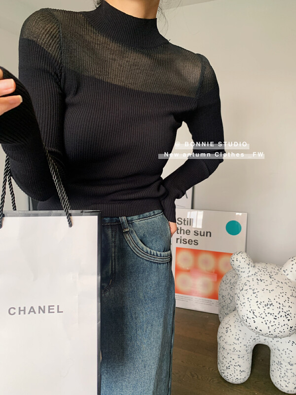 [BONNIE] Half-high collar hollow bottoming knitted sweater 2707# XJ
