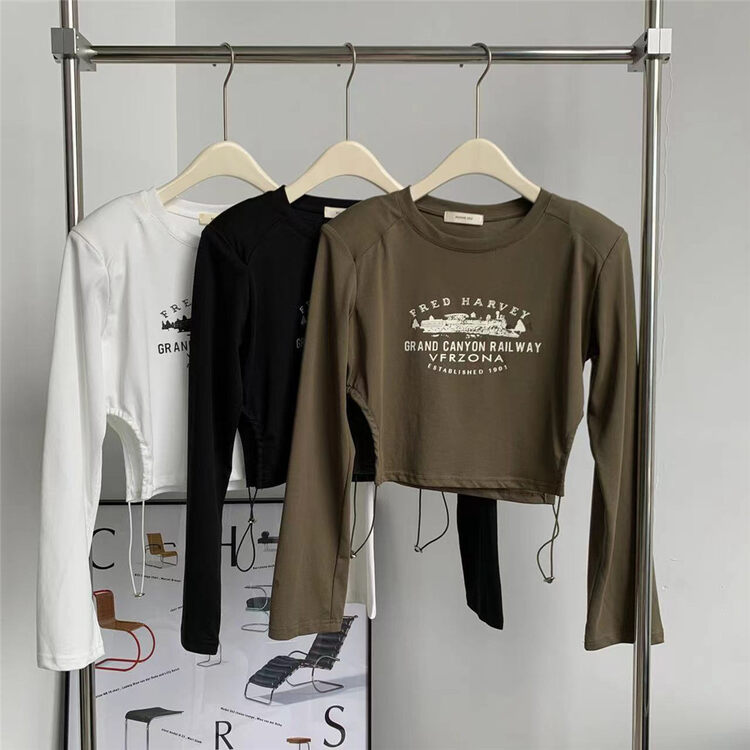 【BONNIE】Short drawstring letter print long-sleeved T-shirt T2016# XJ