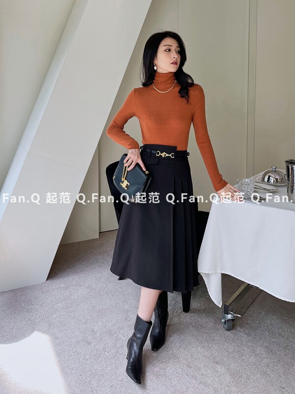 [Qifan] High waist solid color pleated skirt (with belt) F8126# JHY