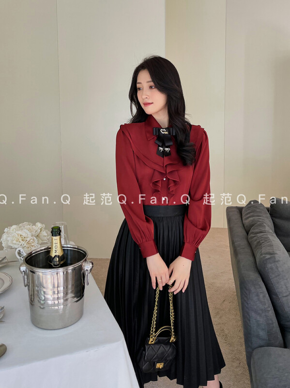 [Qifan] Textured double-layer ruffled shirt (with brooch) 80503# JHY