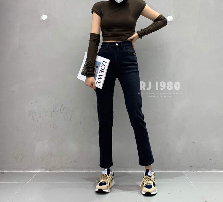 [1980] Explosive style giant bomb slim charcoal black all-match cigarette pipe jeans 2W30813