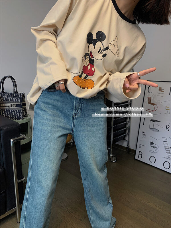 [BONNIE] Contrasting color round neck Mickey printed long-sleeved T-shirt 2701# XJ
