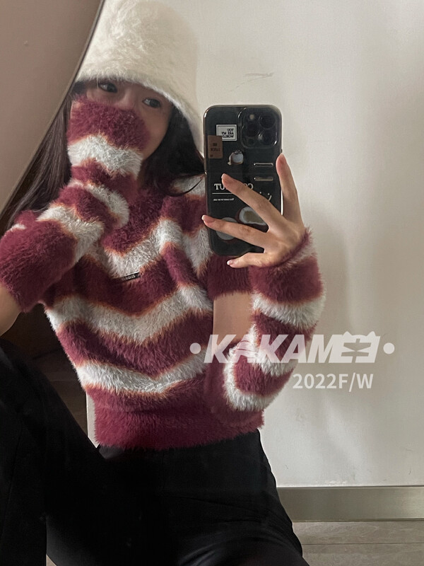 【KAKAMEE】American Spice Girl Water Ripple Contrast Color Design Embroidery Patch Warm Sweater ((with sleeves) looks thin and not picky) N2020# CQW
