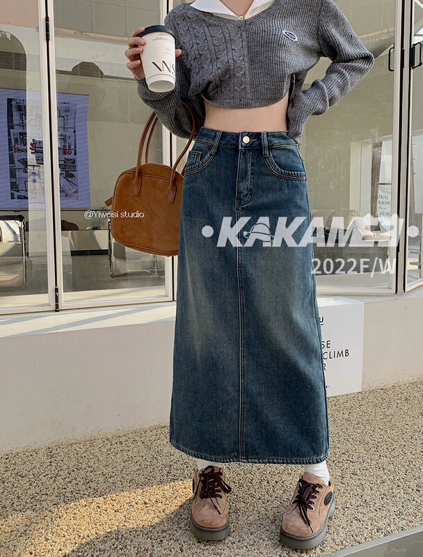 [KAKAMEE] 2022 new Korean version retro wash high waist long denim skirt all-match casual 8120