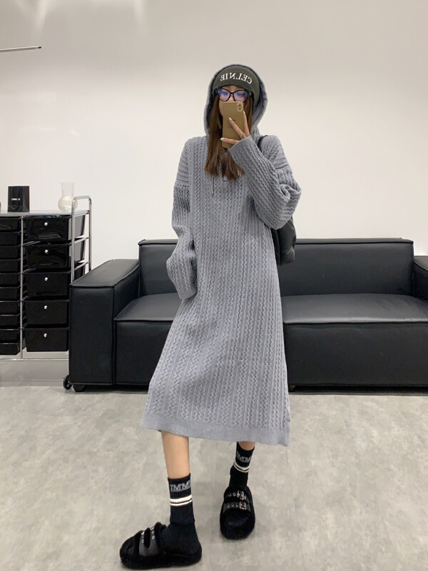 【VANESSA】Heavy industry twist knitted long section thickened hooded sweater warm sweater 8951# OZQ