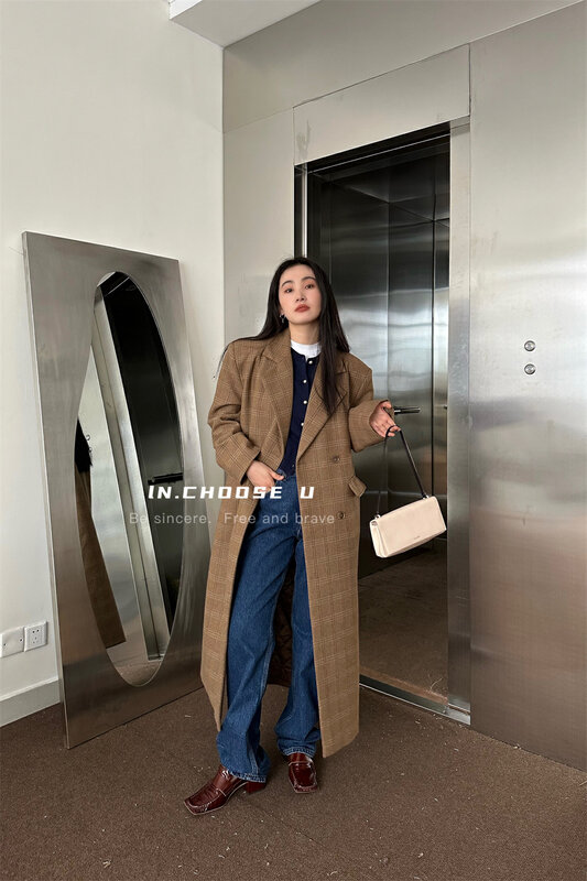 【IN.CHOOSE U】High-quality striped silhouette double-breasted long quilted coat 65062# CQW